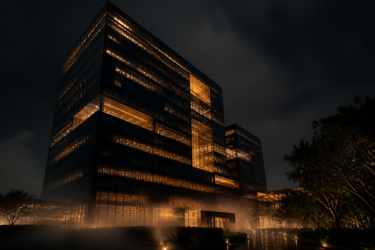 Modernes schwarzes Firmengebäude von RisingLiberty bei Nacht